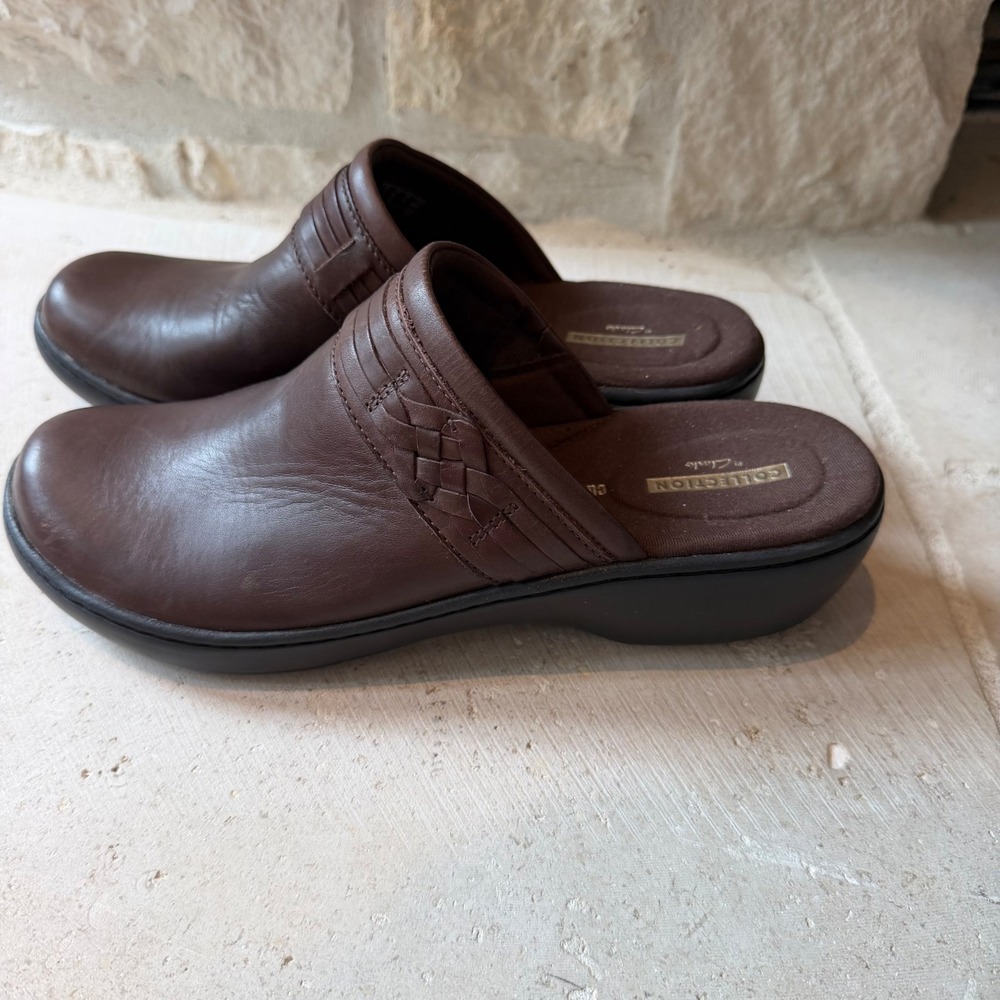 Clarks Collection Delana Hayden Dark Brown Leather Mules Clogs Womens 9.5 M